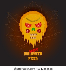 Vector halloween illustration with pizza similar to a skull. Products are lined in the form of a scary face. Cheese flow dawn. Text hot halloween pizza. Dark background.