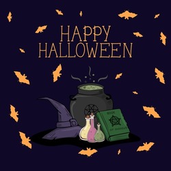 VektorHalloween-Illustration Für Ein Poster Oder Eine Grußkarte. Ein Hexenhut, Ein Hexenkessel, Ein Zauberbuch Und Flaschen Von Tränken Und Fledermäusen Auf Filet-Hintergrund