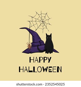 VektorHalloween-Illustration für ein Poster oder eine Grußkarte. ein Hexenhut, eine Katze und Spinnennetz auf gelbem Hintergrund