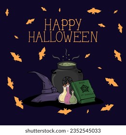 Vector Halloween illustration for a poster or greeting card. A witch hat, a witch cauldron, a spellbook and flasks of potions and bats on a fillet background