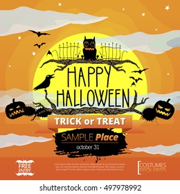Vector Halloween illustration with pumpkin, bats and monster, background