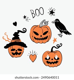 Vector halloween illustration with pumpkin carved faces, witch hat and black raven. Pumpkin collection for halloween design, use as print, poster, ivitation, stickers, element design, tattoo.