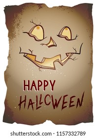 Vector Halloween illustration with pumpkin face and hand drawn lettering on old torn paper background. 