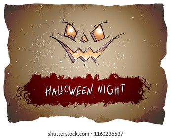 Vector Halloween illustration with pumpkin face and hand drawn lettering on old torn paper background. 