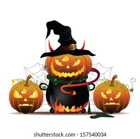 Vector Halloween illustration with pumpkin and hat