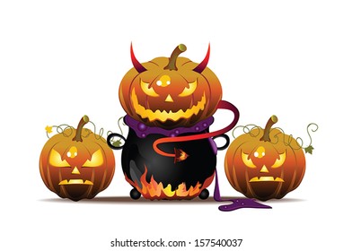 Vector Halloween illustration with pumpkin and pot