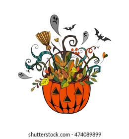 Vector halloween illustration. Pumpkin with scary face and autumn leaves, ghost, bat isolated on white background and easy to use. Perfect for holiday poster, greetings card and invitations.