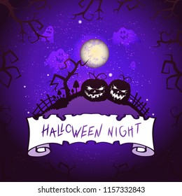 Vector Halloween illustration with pumpkins, ghost, torn banner and lettering on starry sky nightly background with full moon. Purple background.
