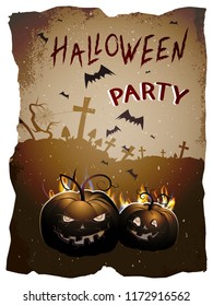 Vector Halloween illustration with pumpkins and hand drawn lettering on old torn paper background. 