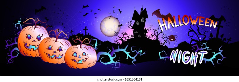 Vector Halloween illustration with pumpkins head, sinister castle, bats and text on nightly background with full moon. Halloween night.