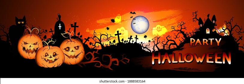 Vector Halloween illustration with pumpkins head, sinister castle, cemetery, bats and text on nightly background with full moon. Party Halloween.