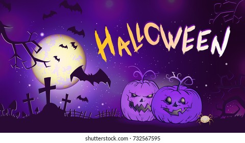 Vector Halloween illustration with pumpkins head and text on background with full moon, graves and bats. Hand drawn lettering.