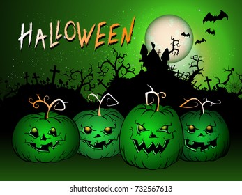 Vector Halloween  illustration with pumpkins head, castle, graves and text on background with full moon and bats. Hand drawn lettering.