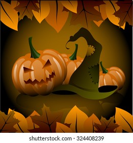 vector Halloween illustration with pumpkins and witch hat