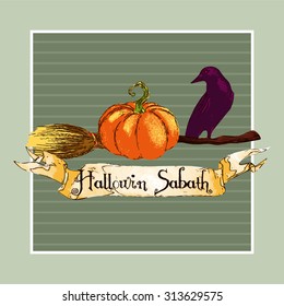 Vector halloween illustration in retro style. There are crow, pumpkin, flying Broom and ribbon with text