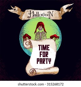 Vector halloween illustration in retro style. Skeleton in the hood holds paper "Time for party" and ribbon with text. Could be part of invitation or advertising