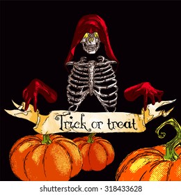 Vector halloween illustration in retro style. Skeleton in the hood holds ribbon with text  "Trick or treat". Could be part of invitation or advertising