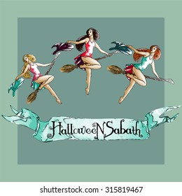 Vector halloween illustration in retro style.Three witches fly on broomsticks above the ribbon. Could be part of invitation or advertising announcing Halloween party