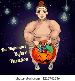 Vector Halloween Illustration Of A Scarry Costume Of Sumo Wrestler On A Skinny Girl