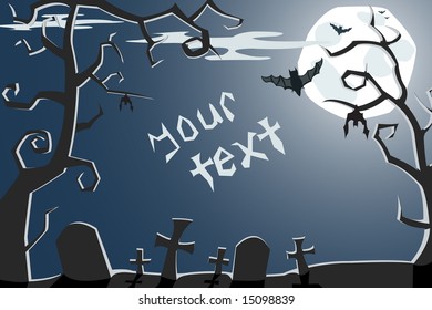 Vector Halloween illustration of a scary night cemetery with full moon and bats