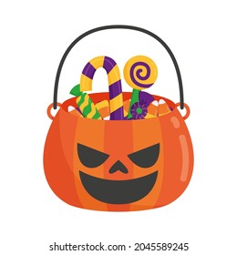 Vector halloween illustration - scary pumpkin with different candies isolated on white background. Trick or treat poster