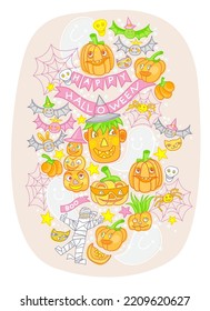 Vector Halloween illustration. Set of hand draw pumpkins, bat, spider, ghost, Pumpkin Jack. Ripe juicy pumpkins, isolated. Cheerful smiling pumpkin. Halloween's characters. Happy Halloween!