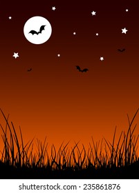 Vector Halloween illustration of silhouette grass, a deep orange gradient night sky, bats, & a bright white crescent moon and stars. Vertical format with space in the center for copy text. EPS 10.