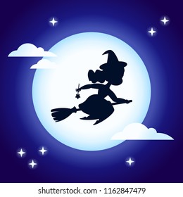 Vector Halloween illustration. Silhouette of little witch girl flying over the moon. Blue background.