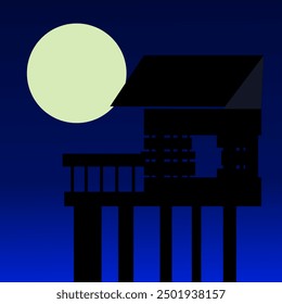 Vector halloween illustration. Silhouette of an old wooden house. Dark blue sky with a full moon in the background. Halloween, holiday, spooky, full moon, old house, dark sky.