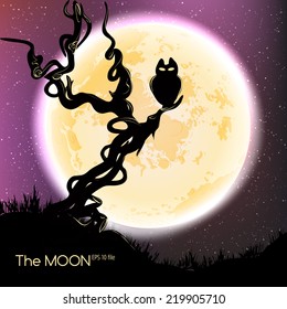 Vector Halloween Illustration  - silhouette of a tree and an owl on a background of yellow moon