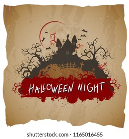 Vector Halloween illustration with sinister castle and inscription on grunge background.