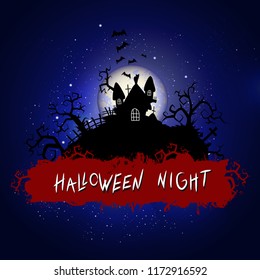 Vector Halloween illustration with sinister castle and inscription on starry sky nightly background with full moon. Blue background.