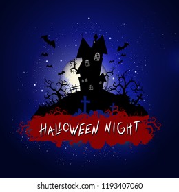 Vector Halloween illustration with sinister castle and inscription on starry sky nightly background with full moon. Blue background.