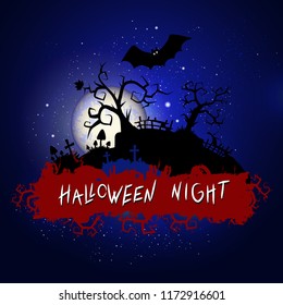 Vector Halloween illustration with sinister cemetery and inscription on starry sky nightly background with full moon. Blue background.