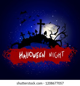 Vector Halloween illustration with sinister cemetery and inscription on starry sky nightly background with full moon. Blue background.
