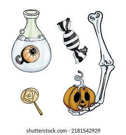 Vector Halloween illustration. Skull, autumn leaves, bones, candies, a flask with an eye, poison as a print, logo, icon, blank for a designer