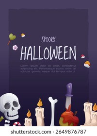 Vector Halloween illustration with skull, candles, bone, knife in apple, candy and lollipops on dark purple background