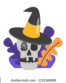 Vector halloween illustration of skull in hat with spider  web isolated on white