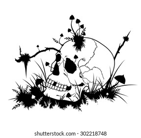 vector Halloween illustration with skull  and mushrooms in black and white colors