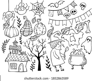 vector halloween illustration / skull, pumpkin, witch, spider, spider web, haunted house, ghosts, potion / doodles / holiday icons set