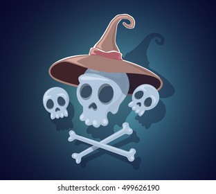 Vector halloween illustration with skulls, crossbones, witch hat on dark night background. Flat style design for halloween greeting card, poster, web, site, banner.