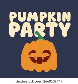 Ilustración de Halloween de Vector con una calabaza sonriente y letras de fiesta de calabaza sobre fondo oscuro. Diseño de dibujos animados lindo y divertido perfecto para tarjetas de felicitación, decoración para niños e invitaciones de fiesta.