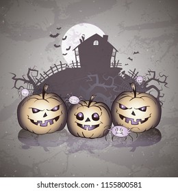 Vector Halloween illustration with smiling Pumpkins, spiders and abandoned house on grunge background.