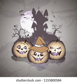 Vector Halloween illustration with smiling Pumpkins, bats and sinister castle on grunge background.