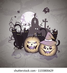 Vector Halloween illustration with smiling Pumpkins, black cats and cemetery on grunge background.