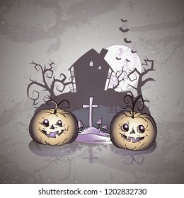 Vector Halloween illustration with smiling Pumpkins, grave and abandoned house on grunge background.