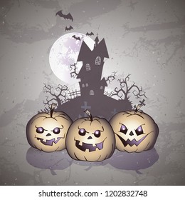 Vector Halloween illustration with smiling Pumpkins, bats and sinister castle on grunge background.
