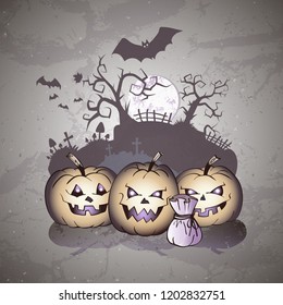 Vector Halloween illustration with smiling Pumpkins and castle on grunge background.