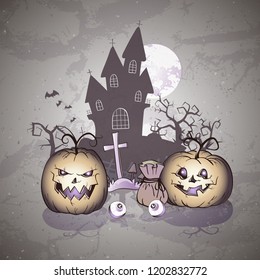 Vector Halloween illustration with smiling Pumpkins, grave and sinister castle on grunge background.