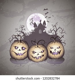 Vector Halloween illustration with smiling Pumpkins, bats and sinister castle on grunge background.